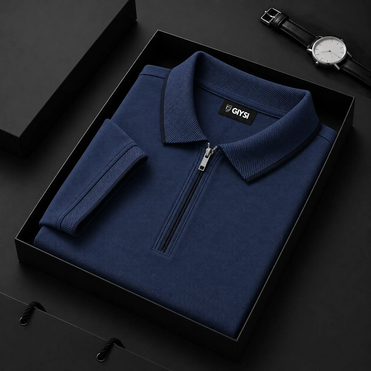 Cross Knit Navy Zip Polo T-shirt