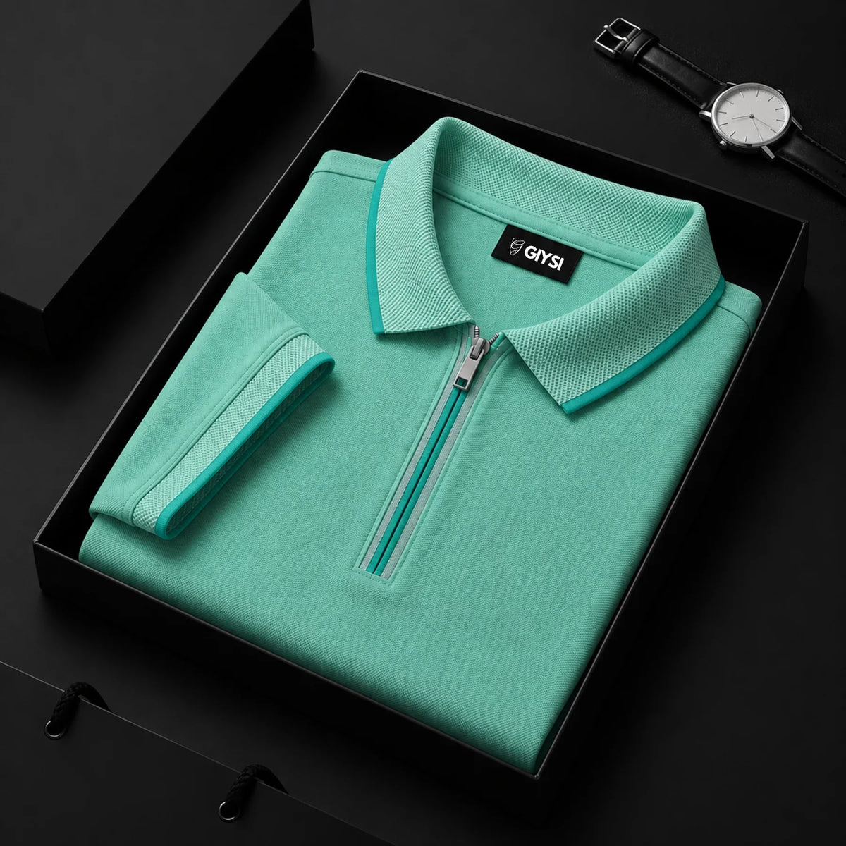 Cross Knit Sea Green Zip Polo T-shirt