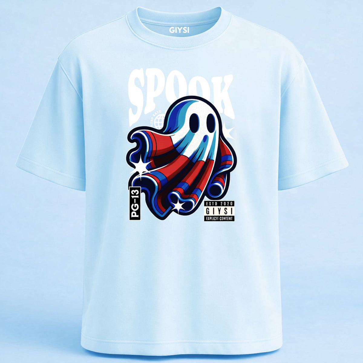 Oversized Print Sky Blue Cotton T-shirt