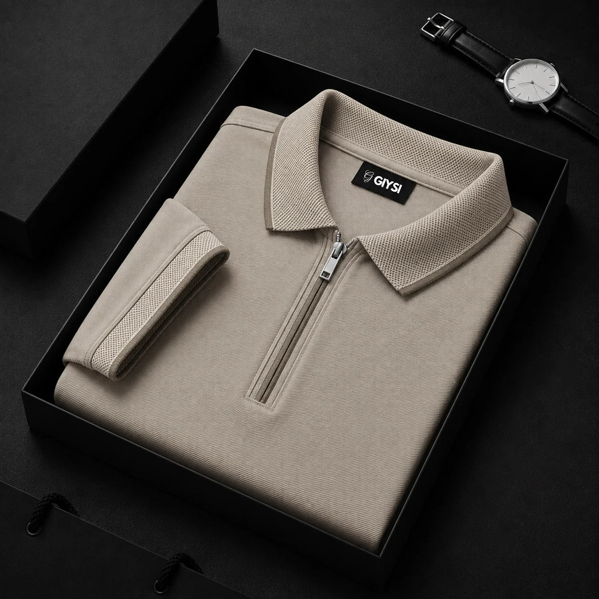 Cross Knit Beige Zip Polo T-shirt