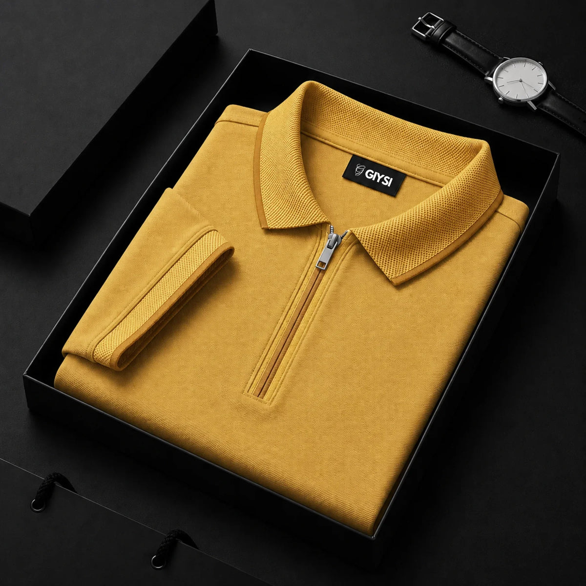 Cross Knit Mustard Zip Polo T-shirt